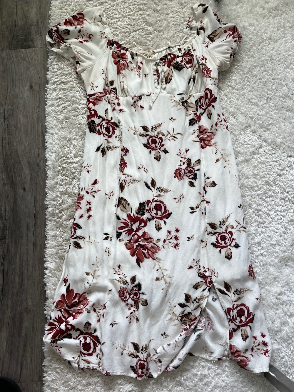 White Floral Smocked Bodice Midi Dress